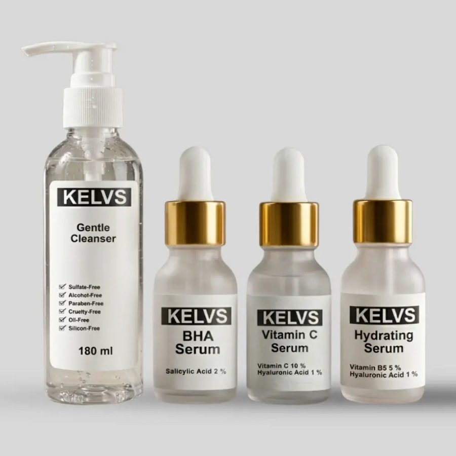 KELVS Clear Skin Starter Kit | Cleanser + BHA + Vitamin C + Hydrating Serum | Complete 4-Step Routine